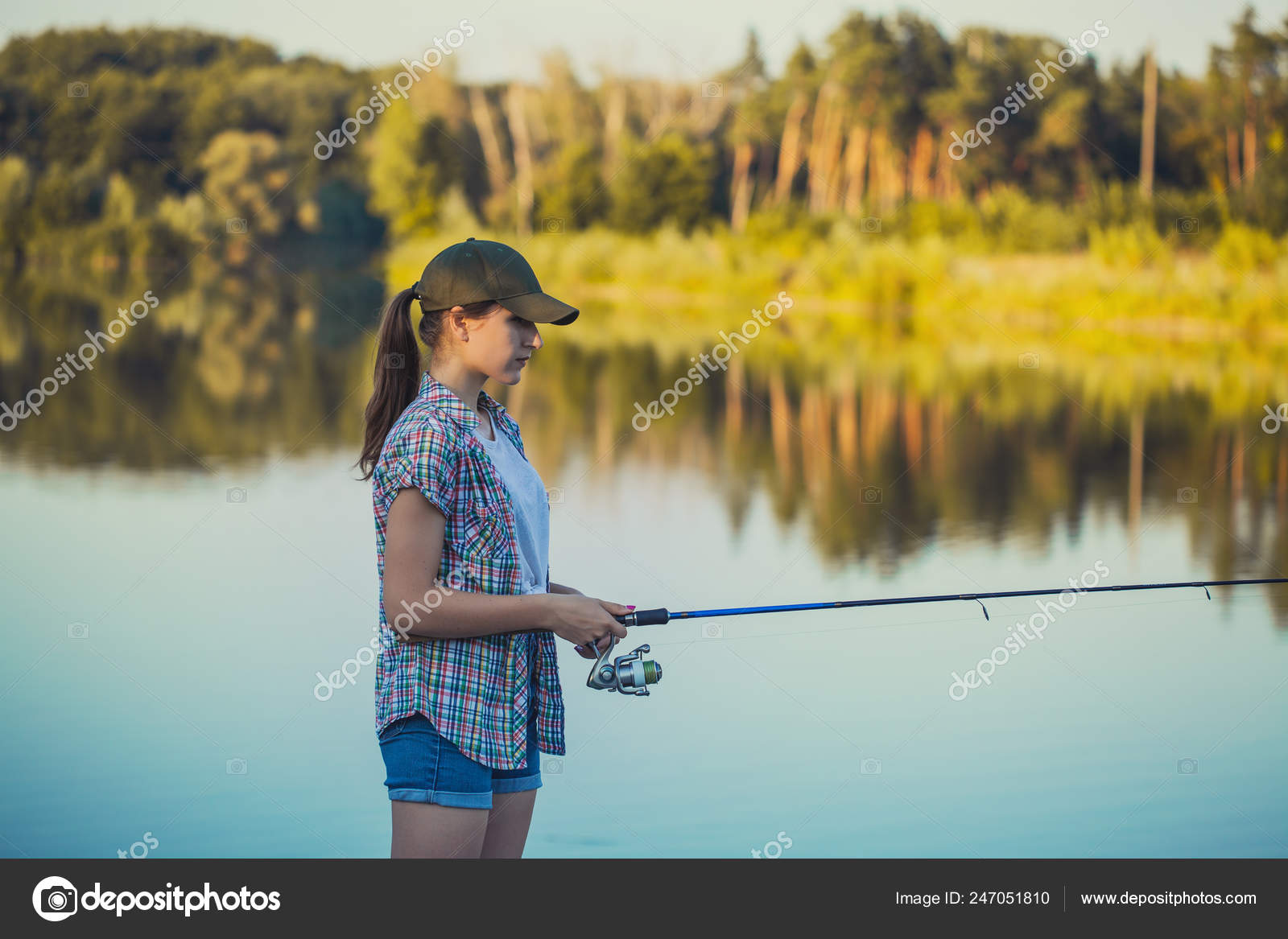 Cute Woman Fishing Rod Summer Lake Stock Photo by ©titov 247051810