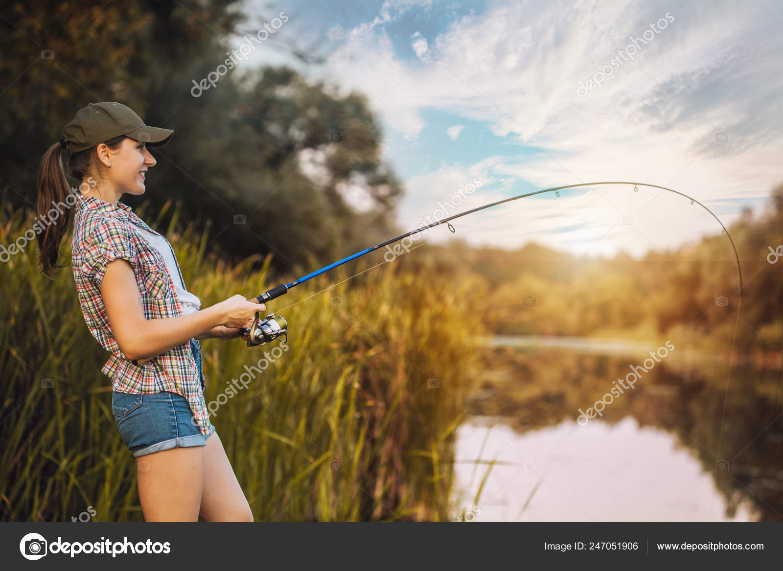 Cute Woman Fishing Rod Summer Lake — Stock Photo © titov #247051906
