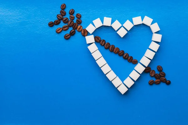 Srdce Kostek Cukru Kávy Modré Pozadí — Stock fotografie