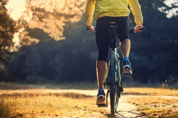 Buon Ciclista Barbuto Cavalca Nella Foresta Soleggiata Mountain Bike Viaggio — Foto Stock