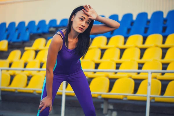 Woman Athlete Morning Run Stadium Background Stands Active Lifestyle — Stock Photo, Image