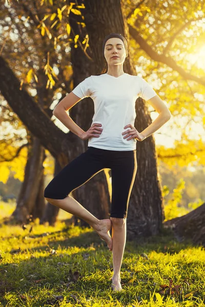 Hermosa Joven Meditando Parque Otoño Atardecer — Foto de Stock