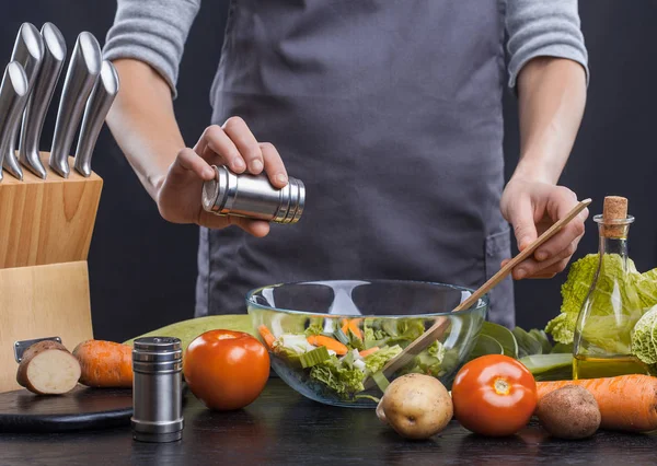 Hands Woman Cook Prepare Salad Fresh Vegetables Healthy Food Black — Stock Photo, Image