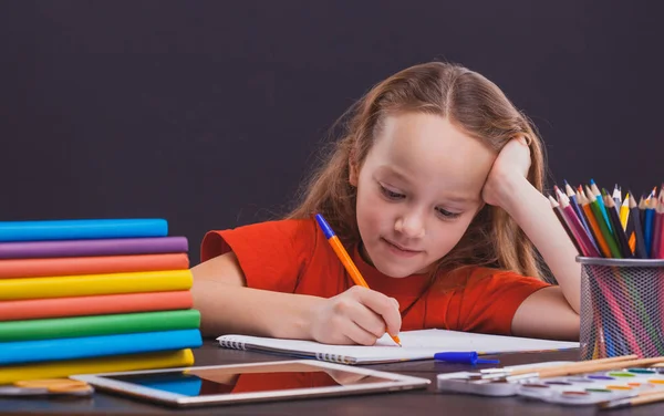 Back School Cute Child Sitting Desk Indoors Kid Learning Class — Stock Photo, Image