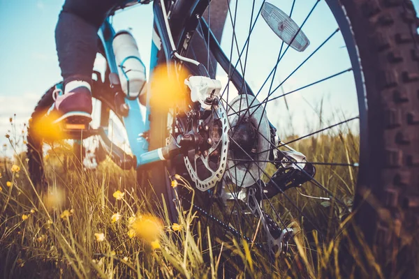 Low Angle View Cyclist Riding Mountain Bike Meadow — Stock Photo, Image