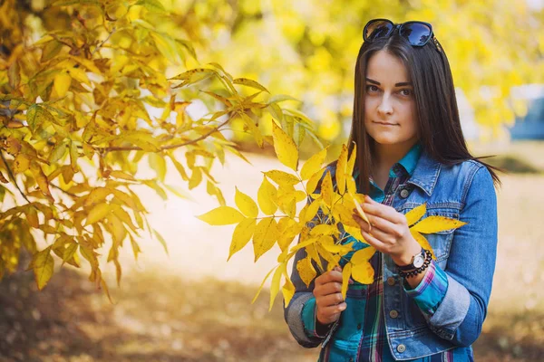 Sonbahar Parkta Uzun Siyah Saçlı Güzel Bir Kız Portresi — Stok fotoğraf