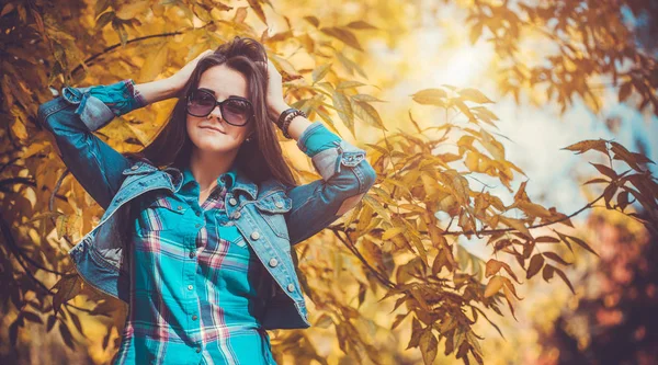 秋の公園で長い黒髪の美しい少女の肖像画 — ストック写真