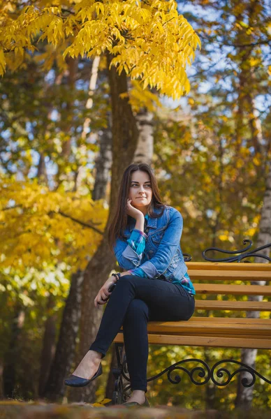 Portrét Krásné Dívky Dlouhými Černými Vlasy Podzimní Park — Stock fotografie