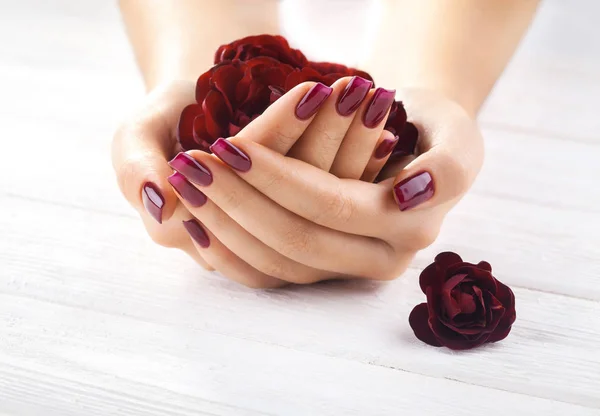 Bela Manicura Vinosa Com Flores Rosa Spa — Fotografia de Stock