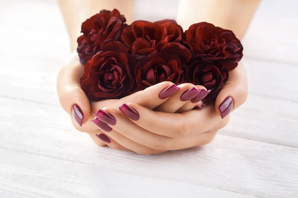 Beautiful Vinous Manicure Rose Flowers Spa — Stock Photo, Image