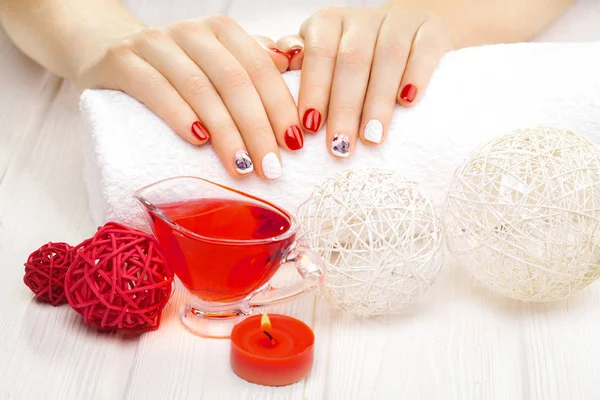 Beautiful Red Manicure Dekor Towel White Wooden Table Spa — Stock Photo, Image