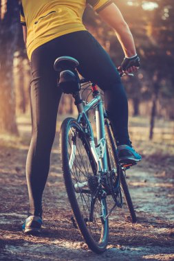 Gün batımında ormanda bisiklete binen bisikletlinin alçak açılı görüntüsü