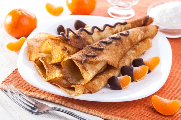Sweet Fresh Homemade Pancakes Chocolate Sauce White Wooden Table — Stock Photo, Image