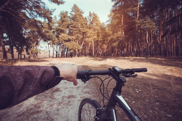 Fahrradfahrer Fährt Wald Mit Dem Fahrrad Ich Perspektive — Stockfoto