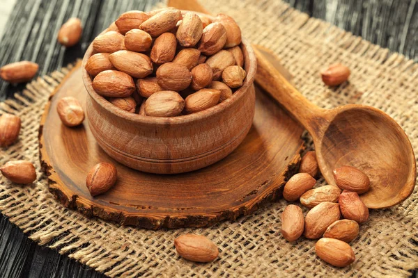 Peeled Peanuts Wooden Bowl Old Burlap Rustic Style — Stock Photo, Image