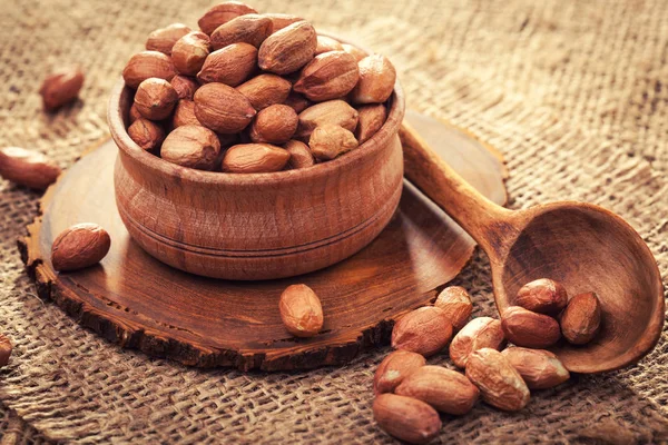 Peeled Peanuts Wooden Bowl Old Burlap Rustic Style — Stock Photo, Image