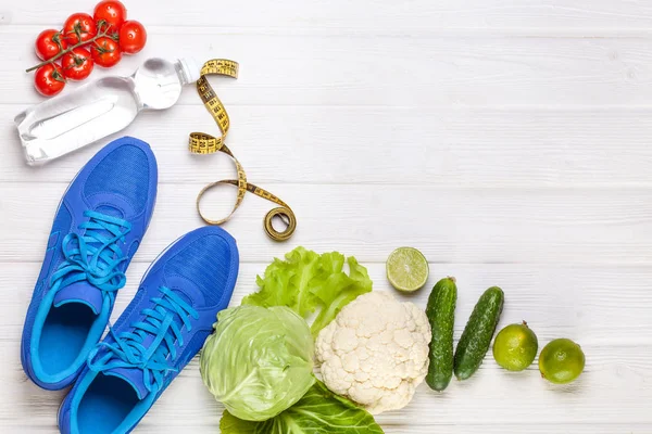 Fitness Active Lifestyles Concept Fresh Healthy Vegetables Sport Shoes White — Stock Photo, Image