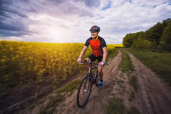 Mężczyzną Rowerzysta Jedzie Malowniczej Żółty Rzepakowego Pola Sportowe Aktywny Wypoczynek — Zdjęcie stockowe