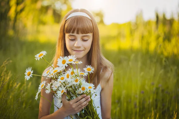 Bonne Petite Fille Sur Une Prairie Verte Avec Bouquet Camomilles — Photo