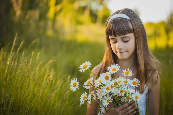 Happy Little Girl Green Meadow Bouquet Flowering Chamomiles — Stock Photo, Image