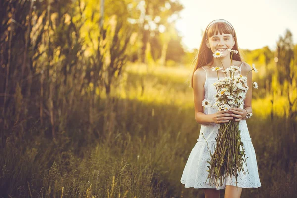 Yeşil Çayır Çiçekli Chamomiles Bir Buket Mutlu Küçük Kız — Stok fotoğraf