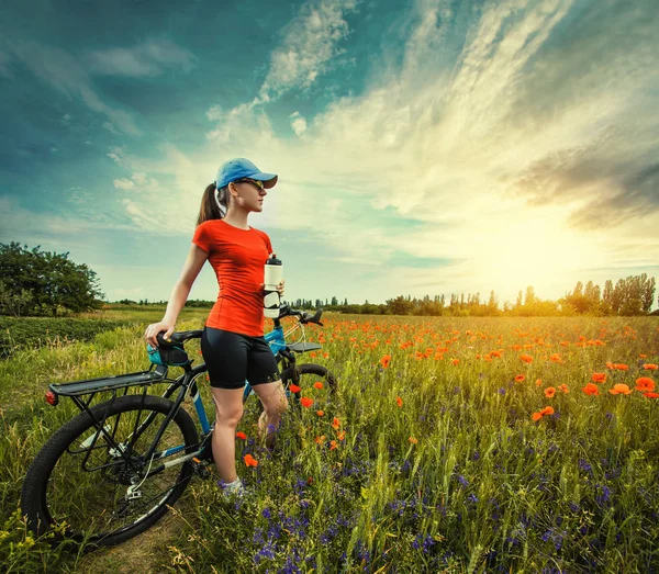 Happy Woman Riding Bicycle Blooming Poppy Meadow — Stock Photo, Image
