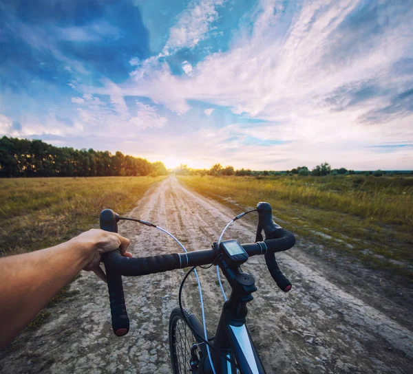Cyclist Rides Meadov Dirt Road Cyclocross Bike First Person View — Stock Photo, Image