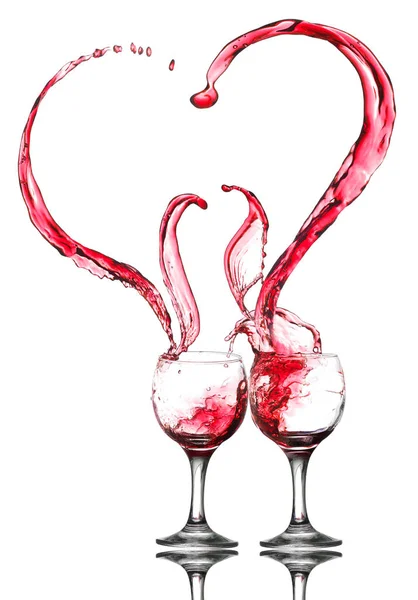 Dos Copas Vino Tinto Heart Splash Aislado Blanco — Foto de Stock