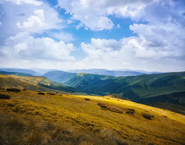 Prairie de montagne verte avec chaîne de montagnes en arrière-plan. — Photo