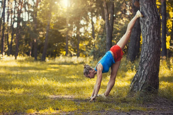 Ung kvinna värmer upp innan du springer i skogen på en vacker sommardag — Stockfoto