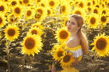 Çiçek açan ayçiçeği tarlasında sevimli kadın