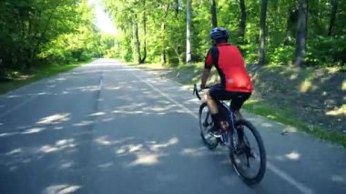 Genç adam bir sammer gün içinde bir orman yolunda bisiklet