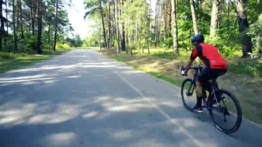 Genç adam bir sammer gün içinde bir orman yolunda bisiklet