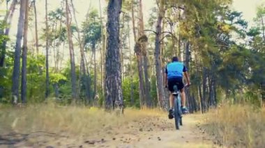 Sakallı adam dağ bisikletiyle ormanda bisiklet sürüyor..