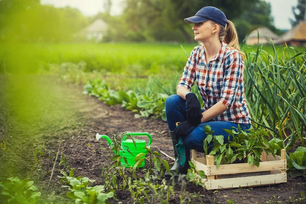 Bondflicka på jobbet i trädgården. Ekologiskt jordbruk — Stockfoto