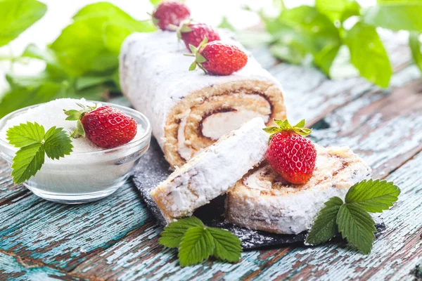 Tasty Strawberry Dessert Slate Board Turquoise Wooden Table Homemade Fresh — Stock Photo, Image