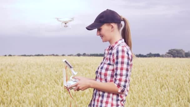 Földműves nő sétál a mezőn drónnal repül a termőföld felett naplementekor — Stock videók