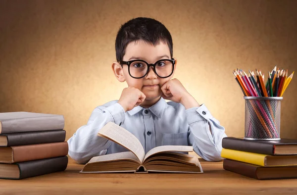 Söt liten pojke skolpojke gör läxor vid ett bord med böcker — Stockfoto