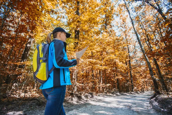 Young woman walks in a autumn pinewood. — Stock Photo, Image