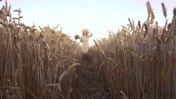 Женщина с подсолнухами в ретро платье и шляпа на летнем пшеничном поле — стоковое видео