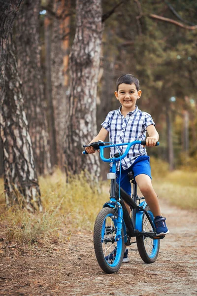 Funny Boy Cyclist Rides Sunny Forest Bike Adventure Travel — Stock Photo, Image