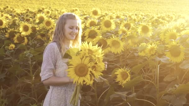 Mujer con girasoles en un vestido retro y un sombrero en un campo de verano — Vídeo de stock