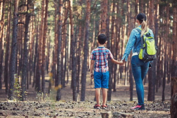 Máma a syn se procházejí v borovicovém lese. Cestovní ruch, outdoorové aktivity — Stock fotografie