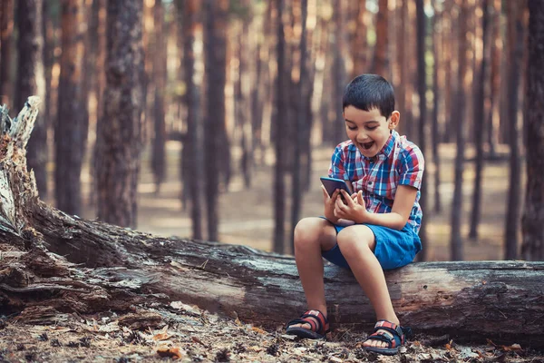 Kleine jongen in een pittoresk dennenbos spelen met een smartphone — Stockfoto