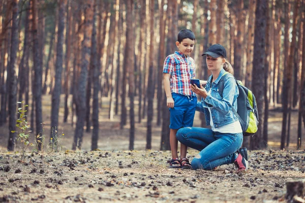 Mam en zoon lopen in een dennenbos. Toerisme, buitenactiviteiten — Stockfoto