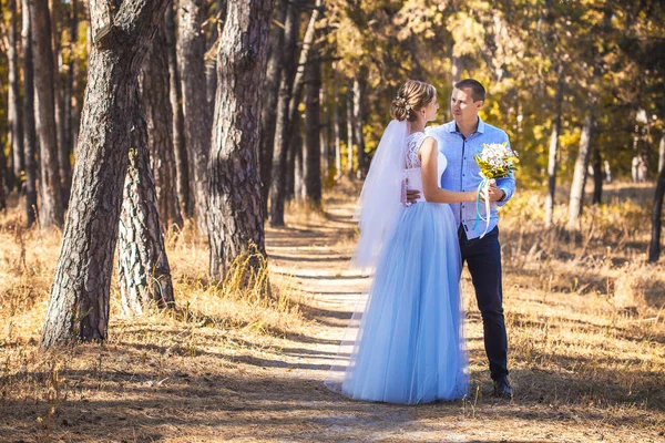 Recém-casados estão caminhando na floresta de pinheiro verde — Fotografia de Stock