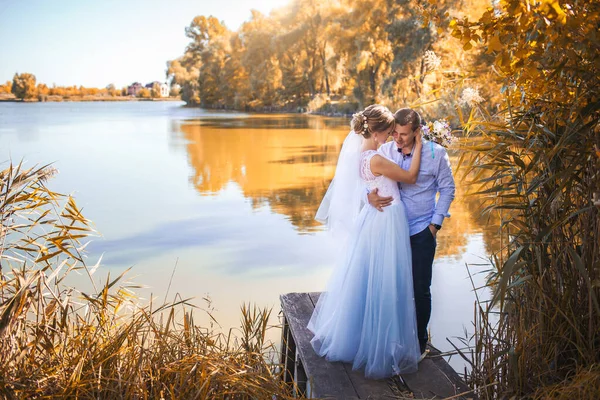 Sposi Sono Abbracci Sulla Riva Pittoresco Lago — Foto Stock