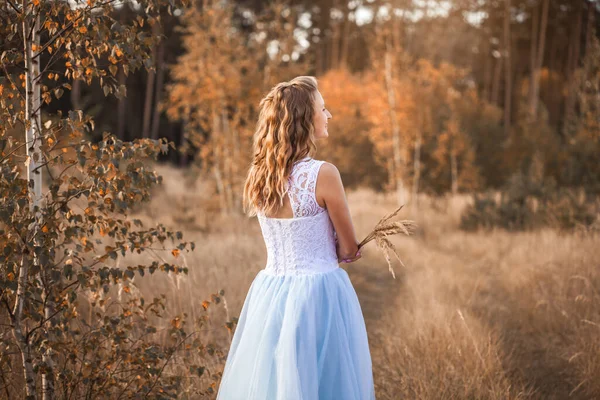 Bir Buket Çiçekli Mutlu Gelin Sonbahar Çayırında Yürüyor — Stok fotoğraf