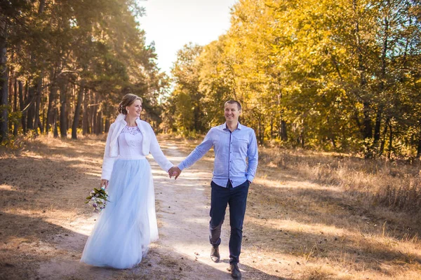 Novia Feliz Novio Están Caminando Verde Bosque Pinos — Foto de Stock