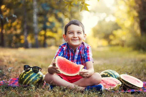 Szczęśliwy Uśmiechnięty Dzieciak Dojrzały Arbuz Letnim Parku — Zdjęcie stockowe